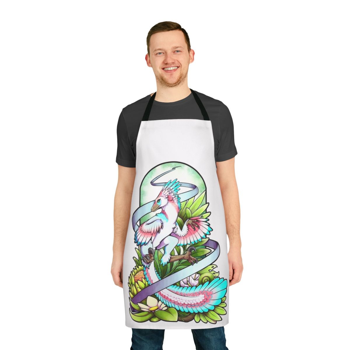 Stylized apron featuring a raptor-inspired design with leaf and ribbon motifs