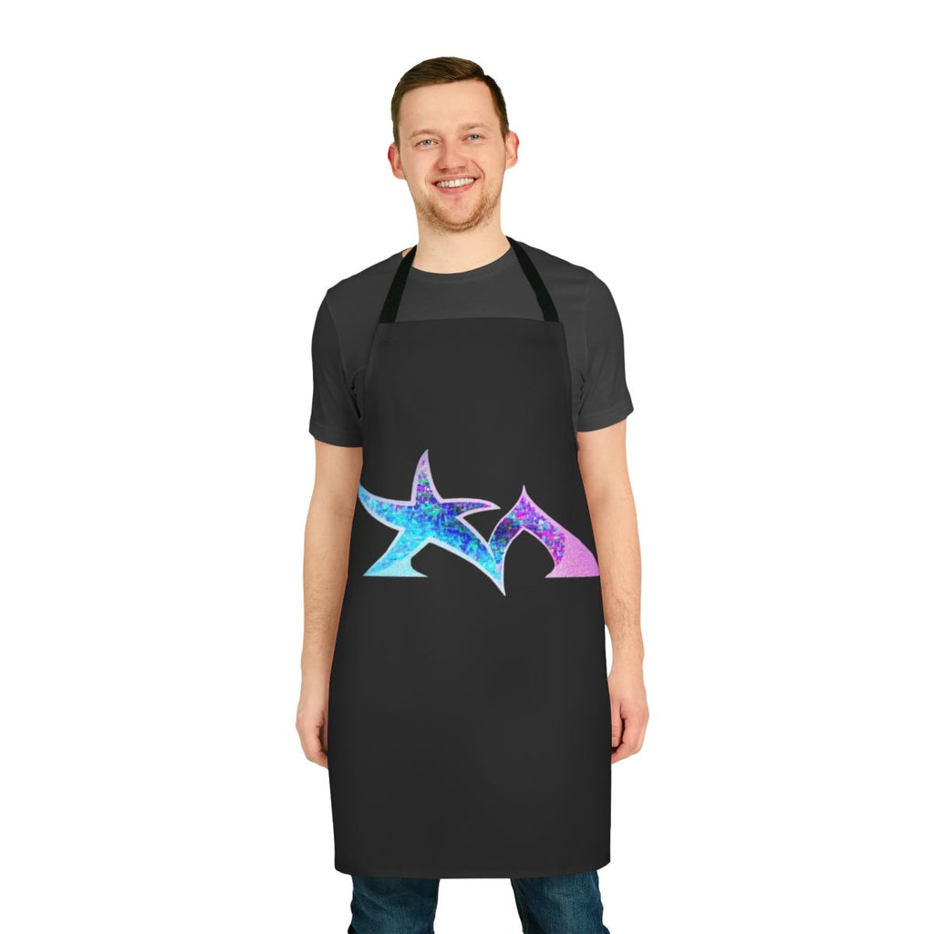 Apron featuring a blue and pink star madman logo design, a stylized symbol for an electronic music band.