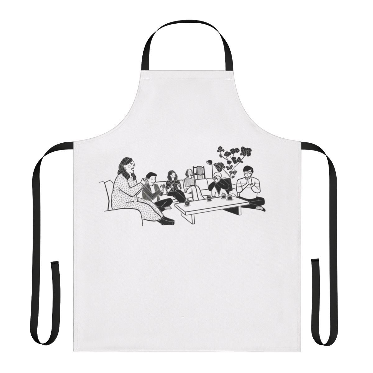 Terrace House Japan inspired line art design on a black and white apron