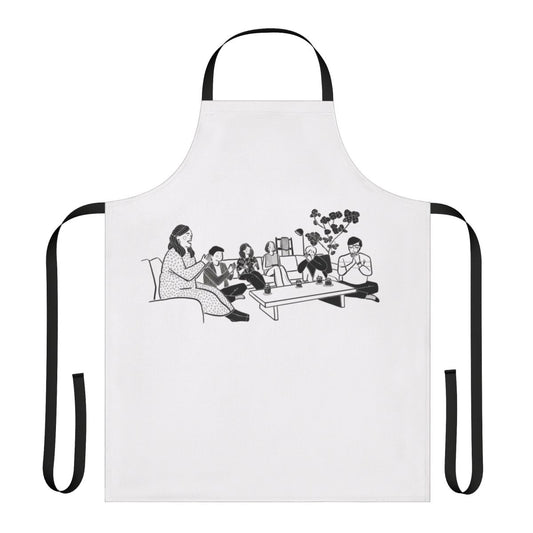 Terrace House Japan inspired line art design on a black and white apron