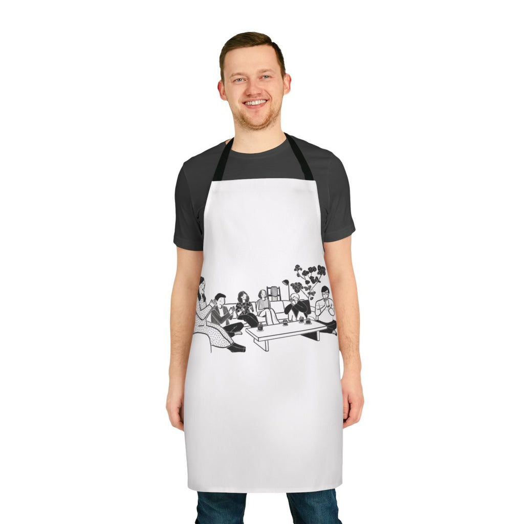Terrace House Japan inspired line art design on a black and white apron
