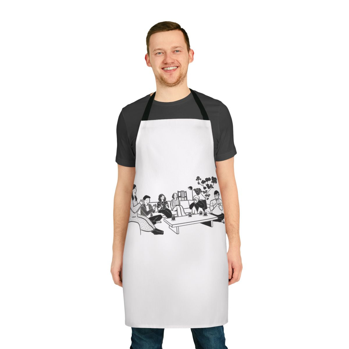 Terrace House Japan inspired line art design on a black and white apron