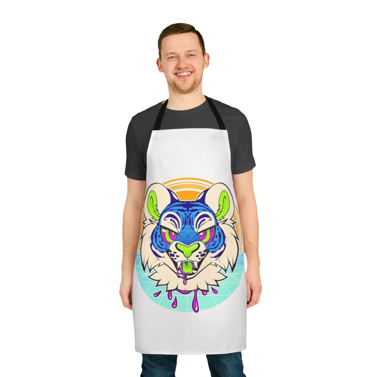 Stylized tiger vaporwave design printed on a high-quality apron