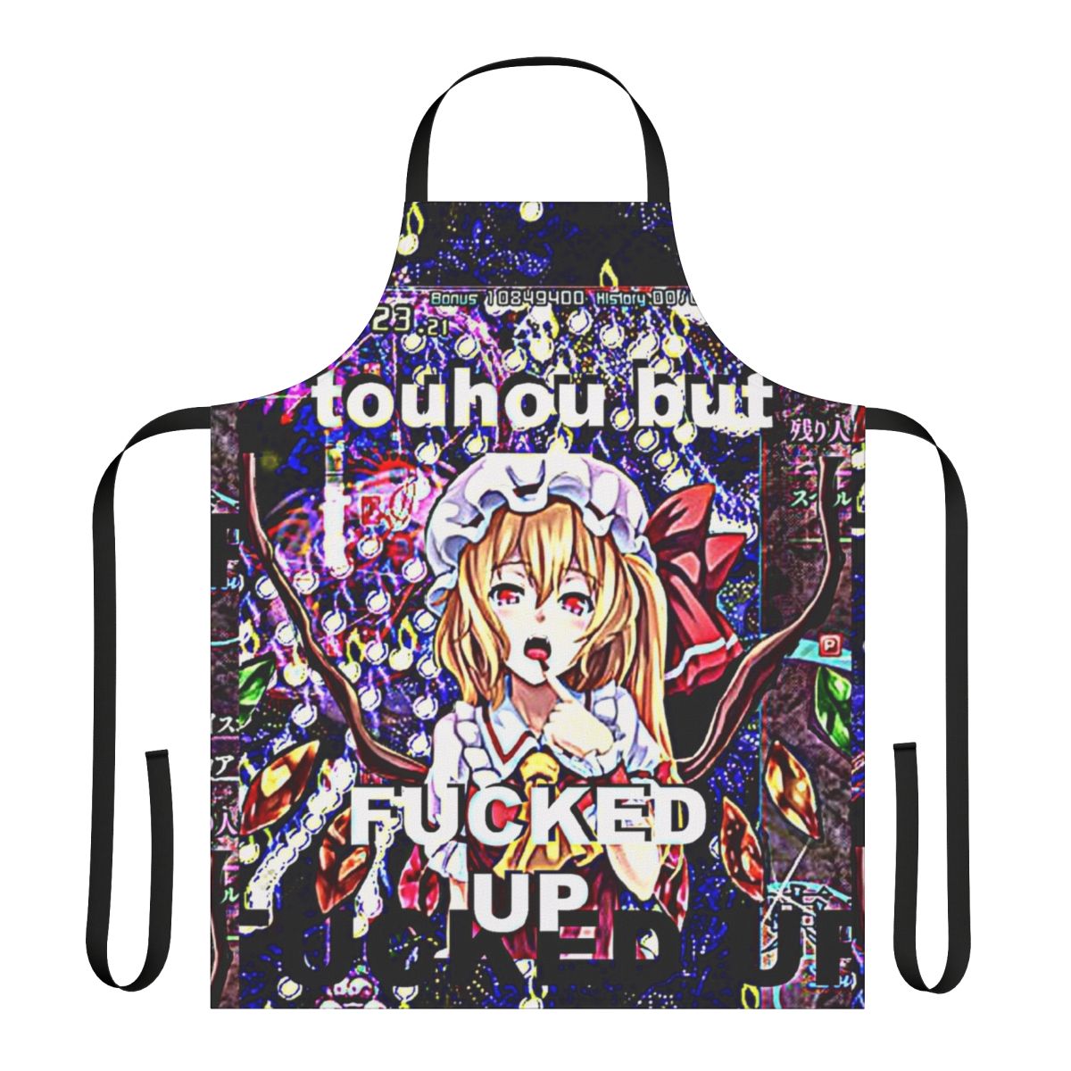 Stylized apron featuring Touhou character Flandre Scarlet, perfect for fans of the anime series