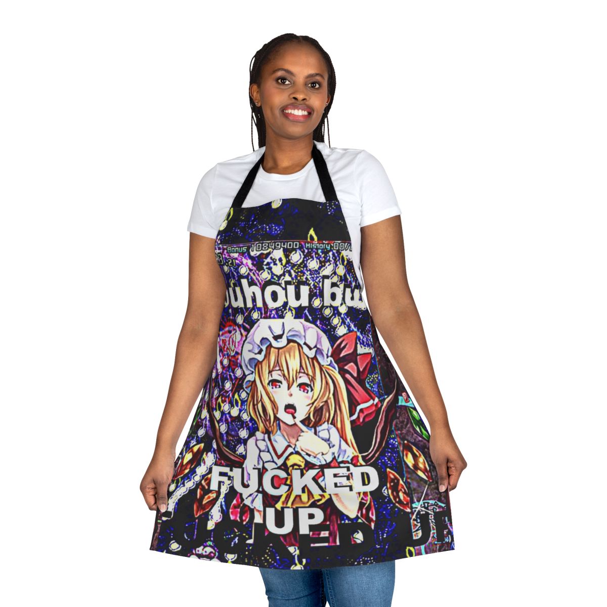 Stylized apron featuring Touhou character Flandre Scarlet, perfect for fans of the anime series