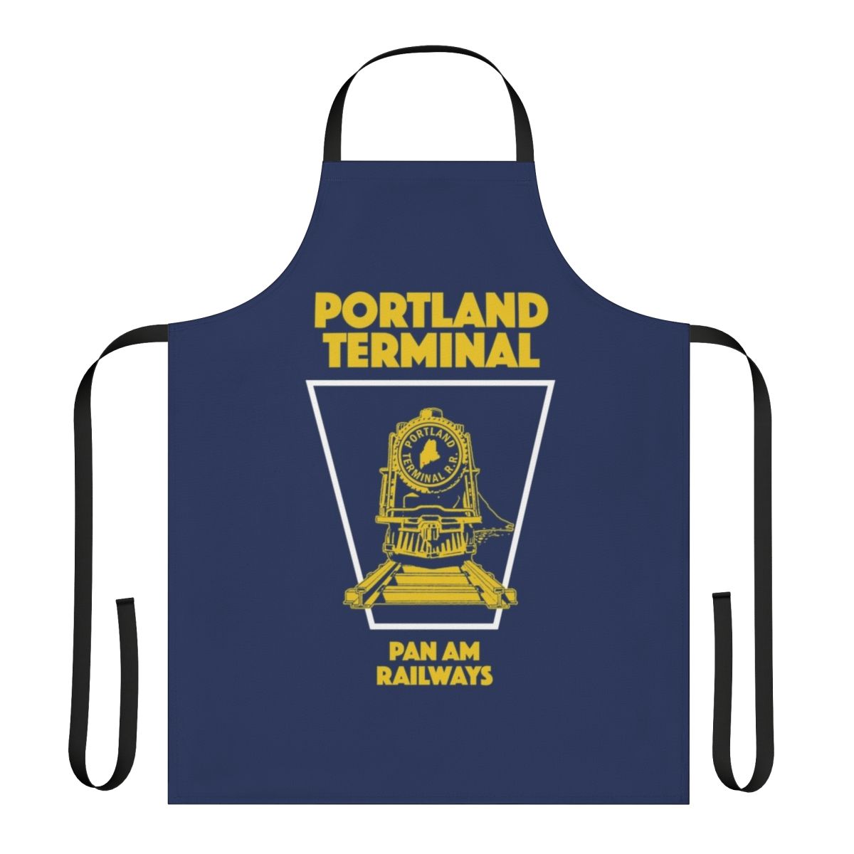 Stylized train emblem design on a durable apron, inspired by the iconic Pan Am brand