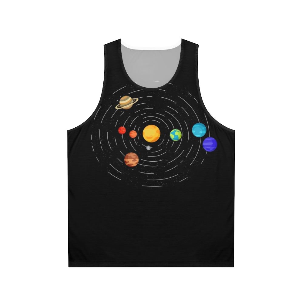 Unisex tank top with subtle solar system-inspired pride design