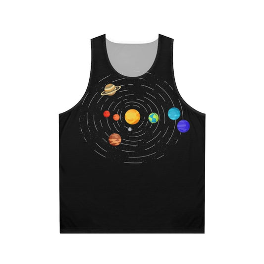 Unisex tank top with subtle solar system-inspired pride design