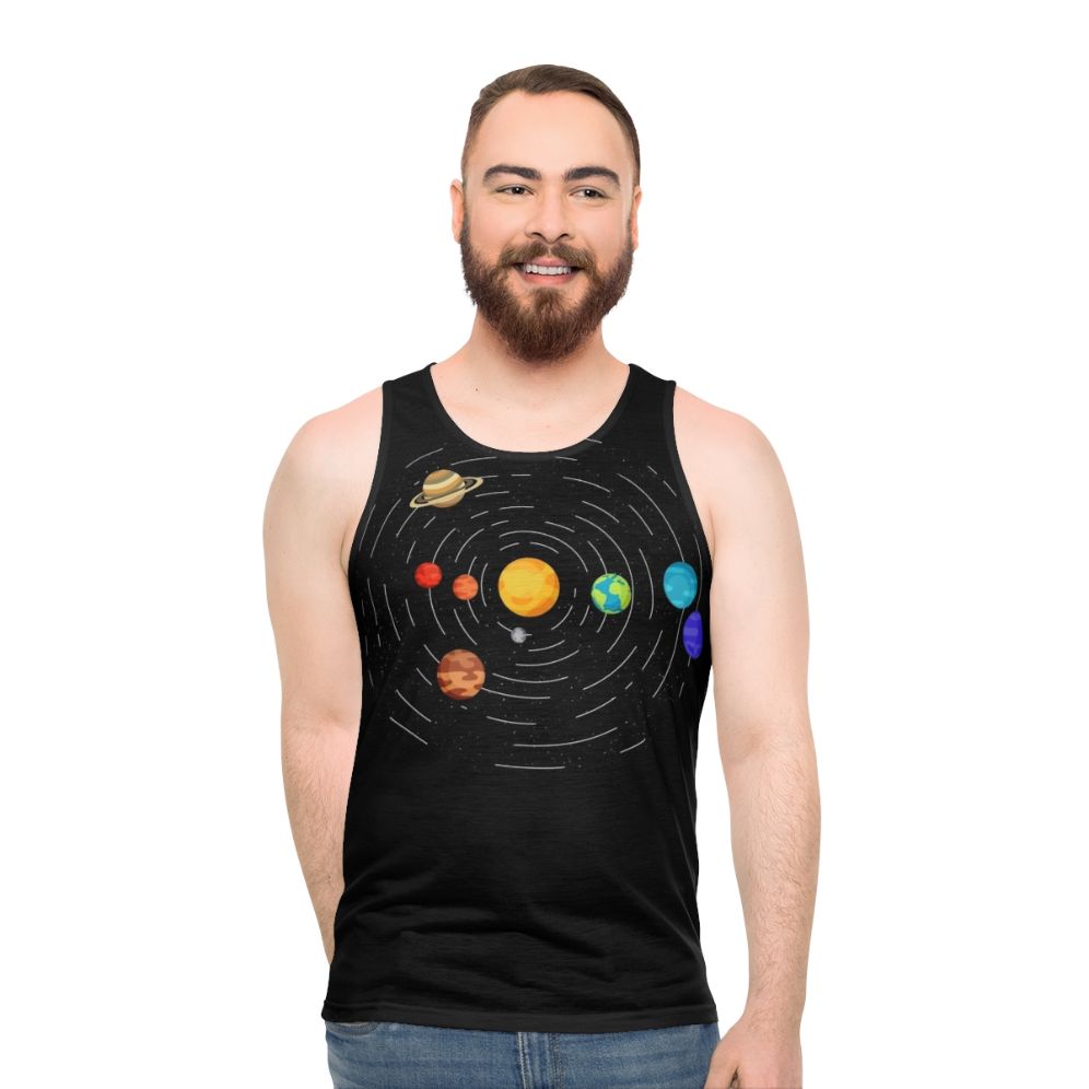 Unisex tank top with subtle solar system-inspired pride design