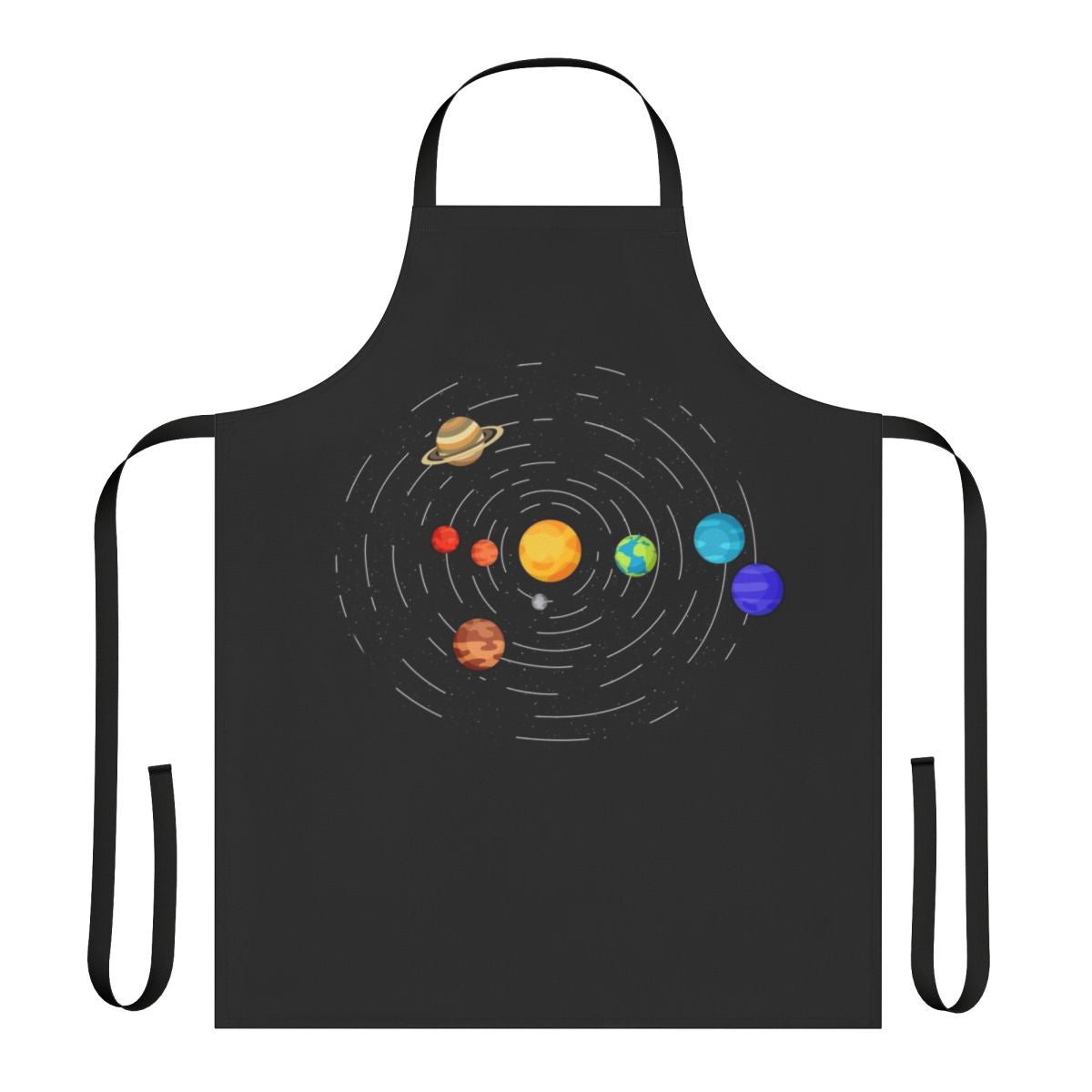 Discreet pride flag apron with a minimalist space and planets design