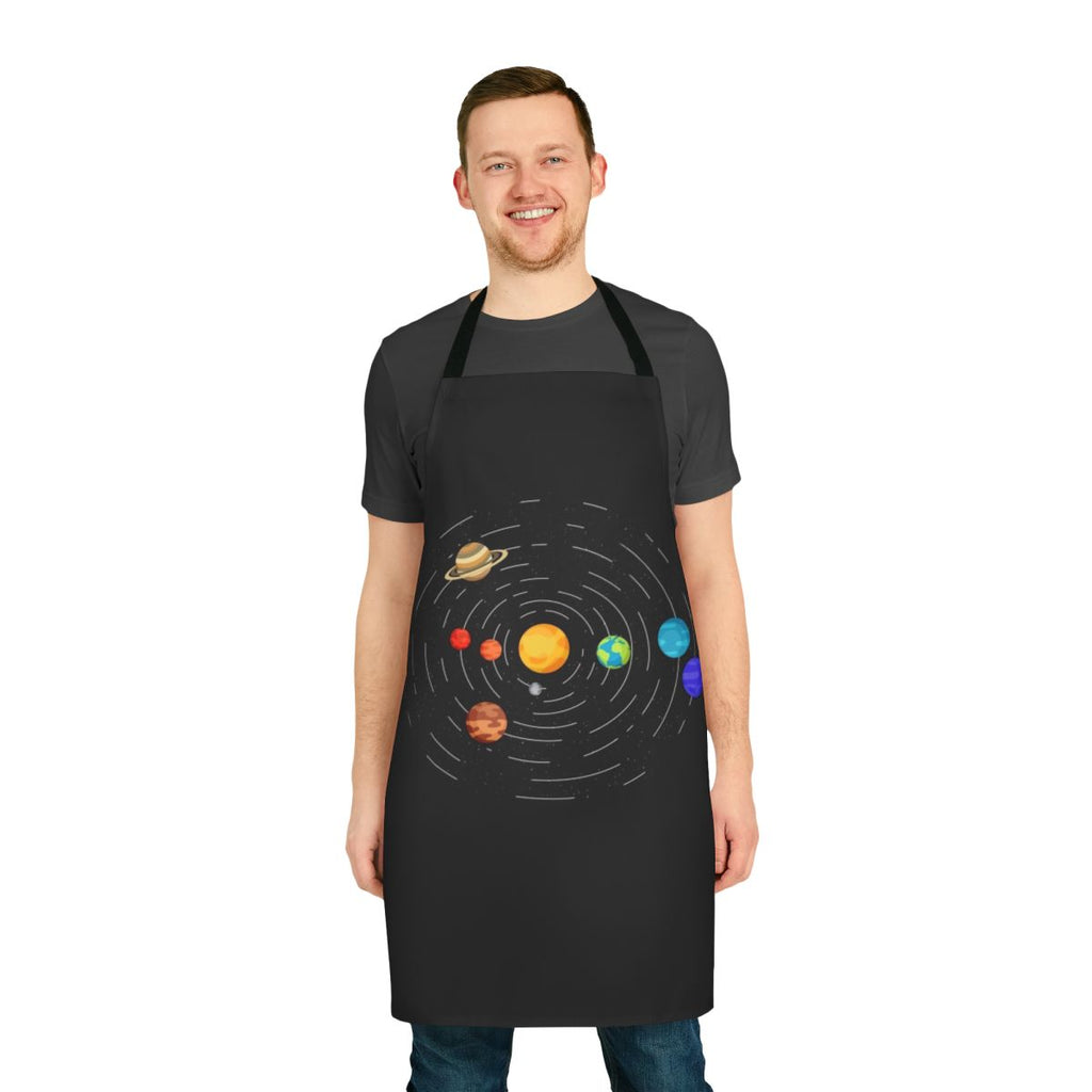 Discreet pride flag apron with a minimalist space and planets design