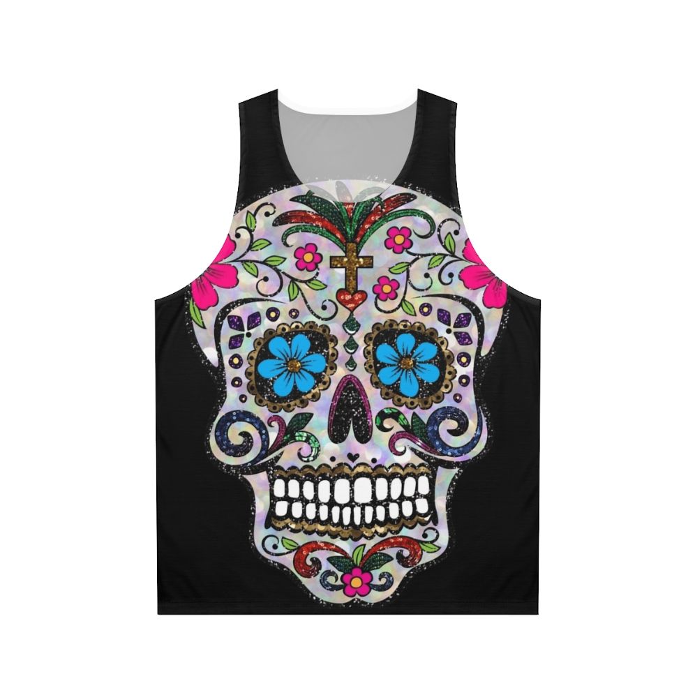 Unisex sugar skull tank top with floral design