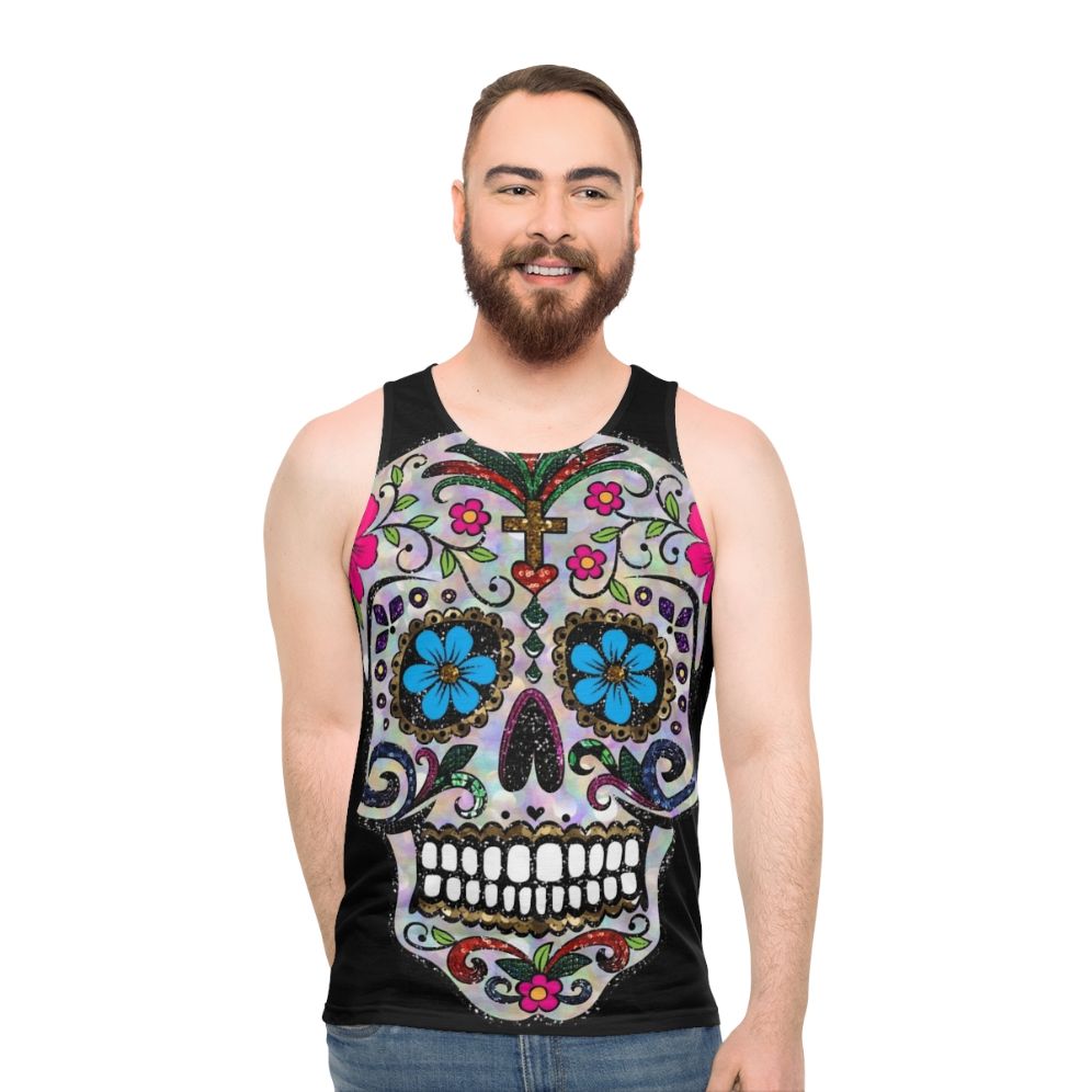 Unisex sugar skull tank top with floral design