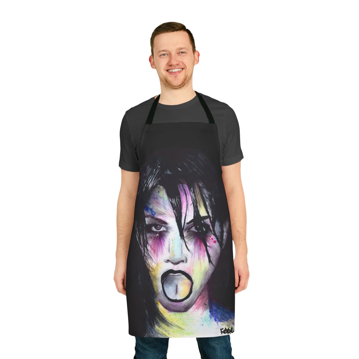 Apron with an open mouth design, suggesting a sensual or intimate theme.