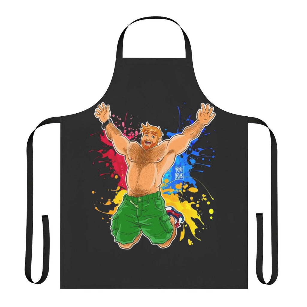 A colorful summer-themed apron featuring a handsome ginger bear character.