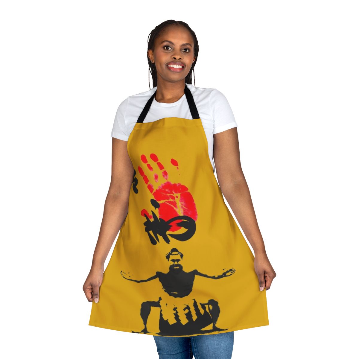 Apron featuring a black and white vector art design of a sumo wrestler in traditional Japanese attire