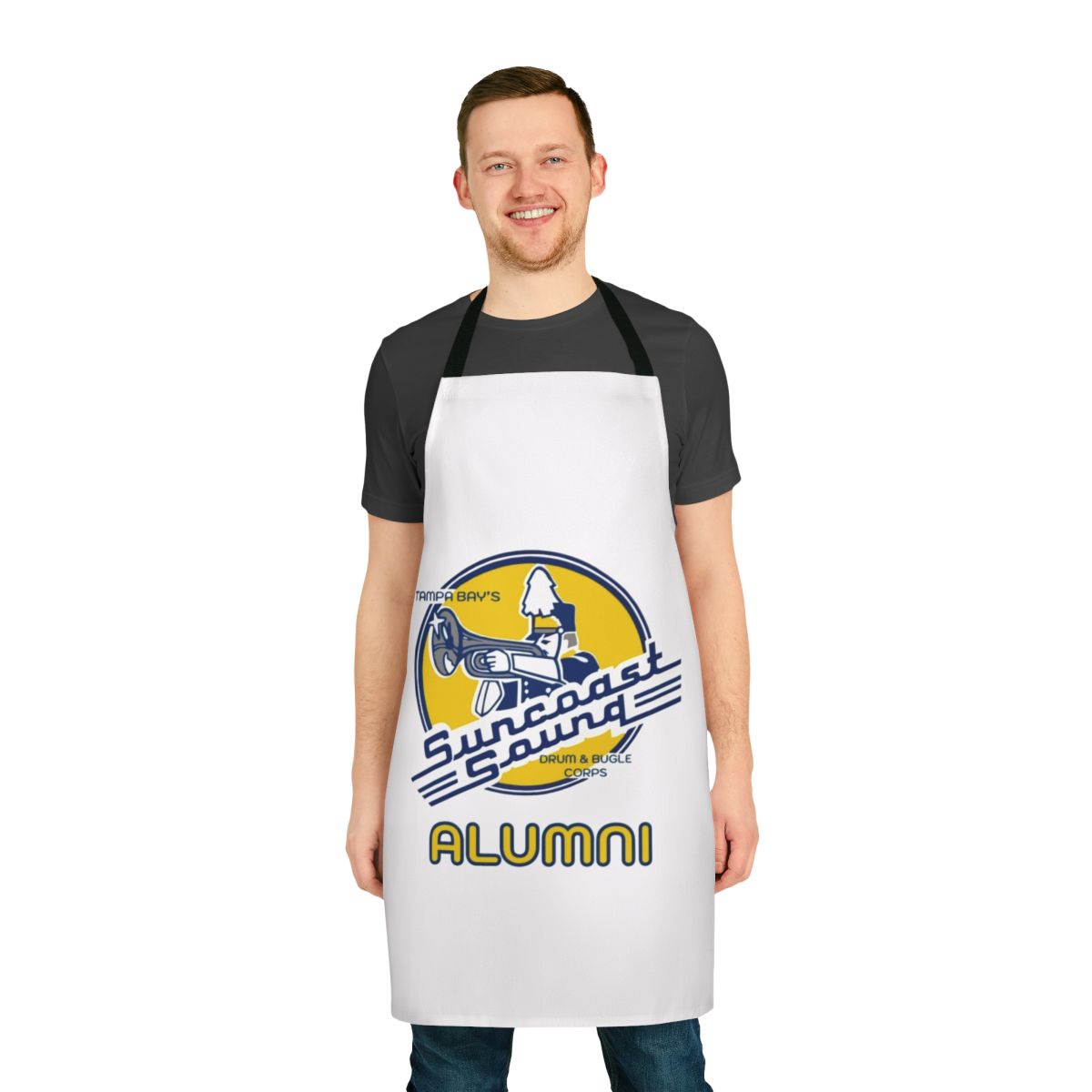 Suncoast Sound inspired marching band alumni wearing an apron