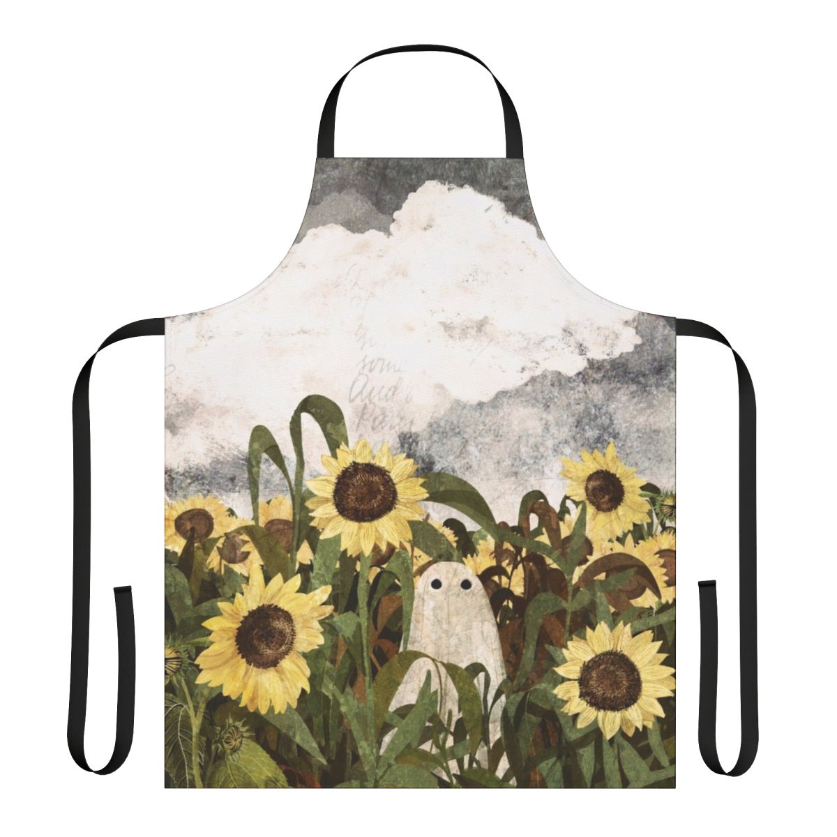 Vintage-style apron featuring a ghostly figure in a sunflower field