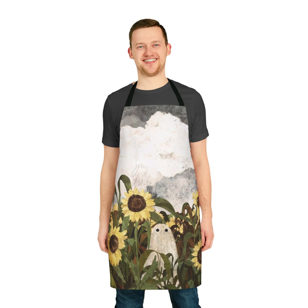 Vintage-style apron featuring a ghostly figure in a sunflower field