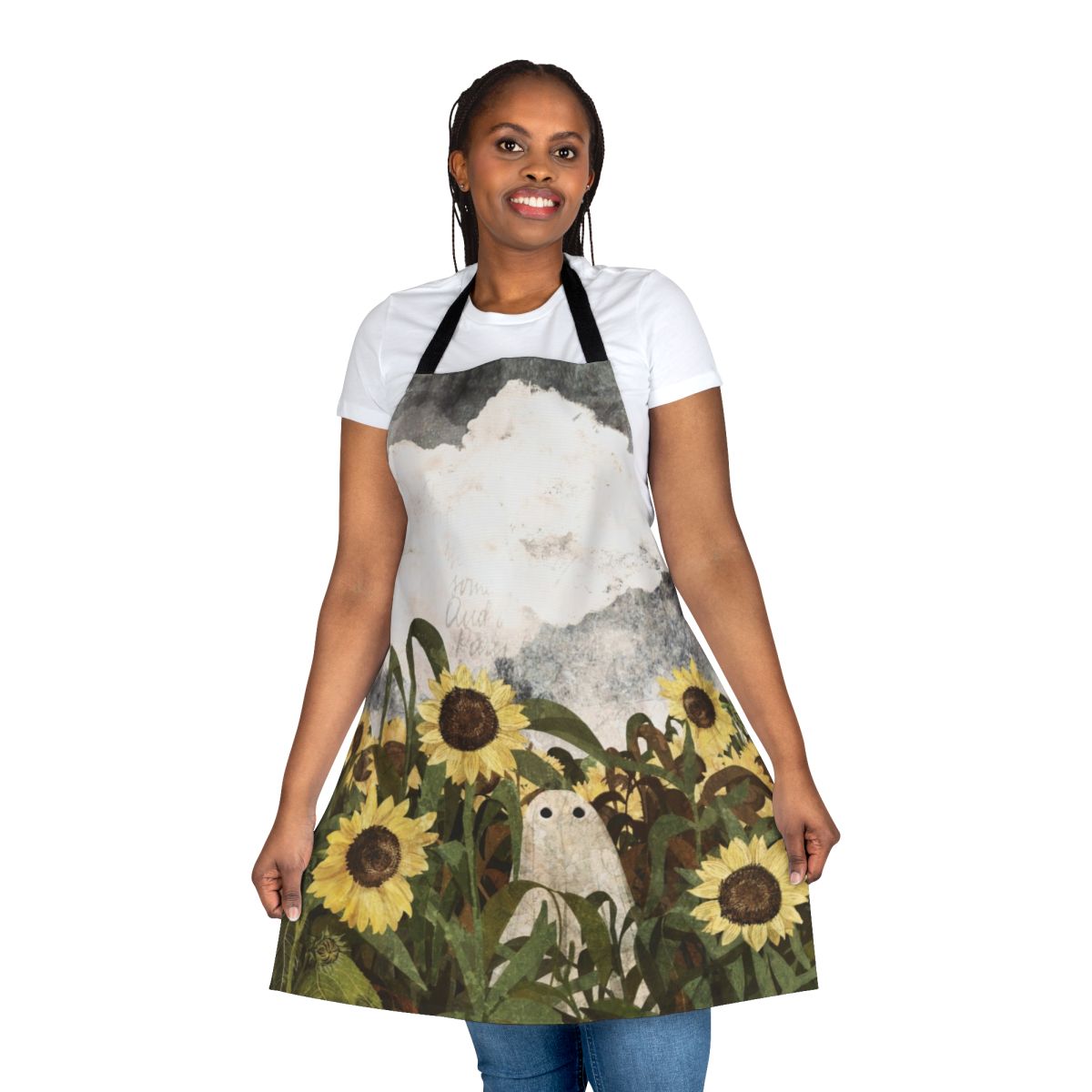 Vintage-style apron featuring a ghostly figure in a sunflower field