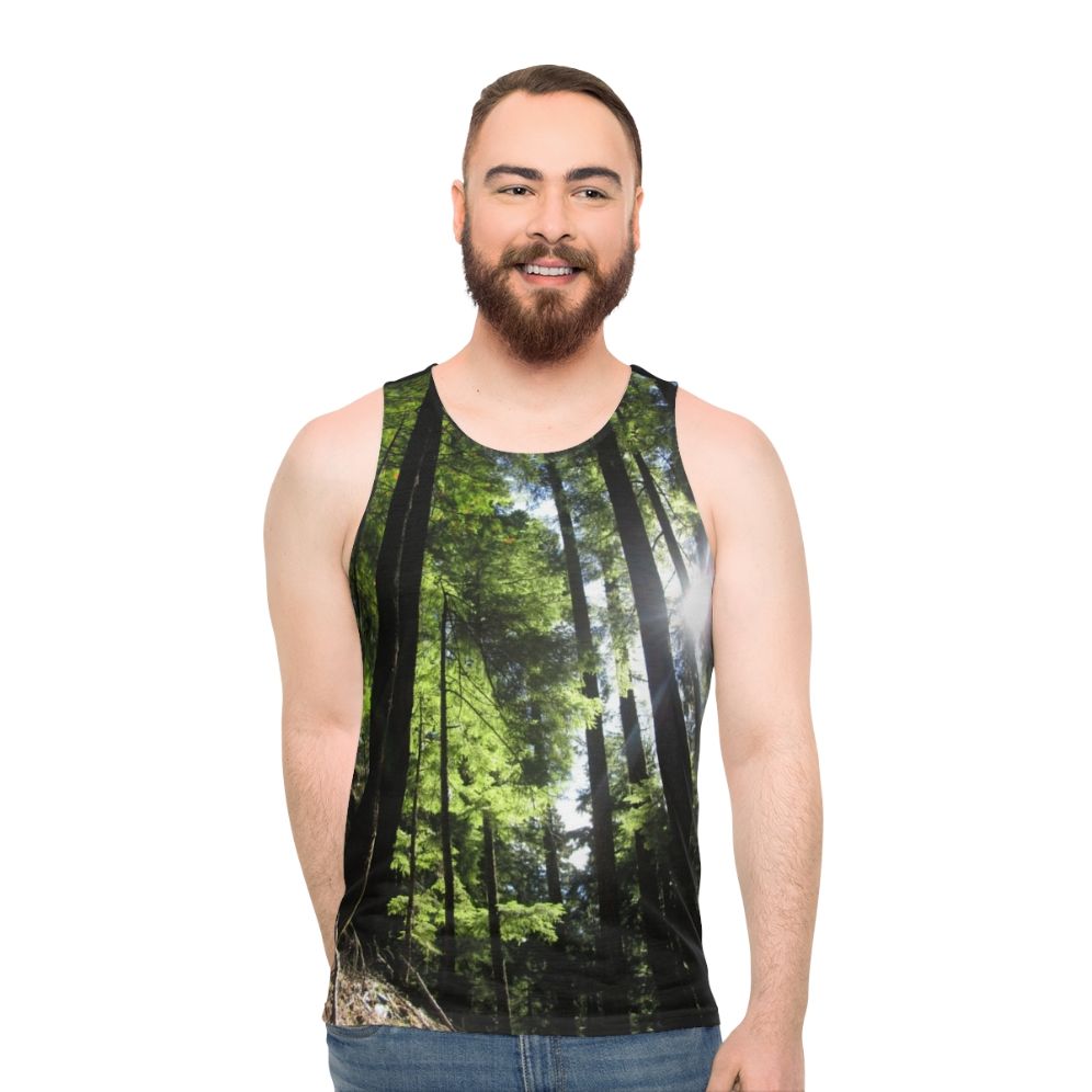 Sunlit fir tree unisex tank top