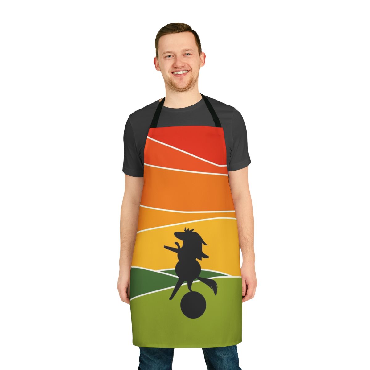 Sunset-themed adventure time inspired apron featuring a minimal design of the character James Baxter the horse