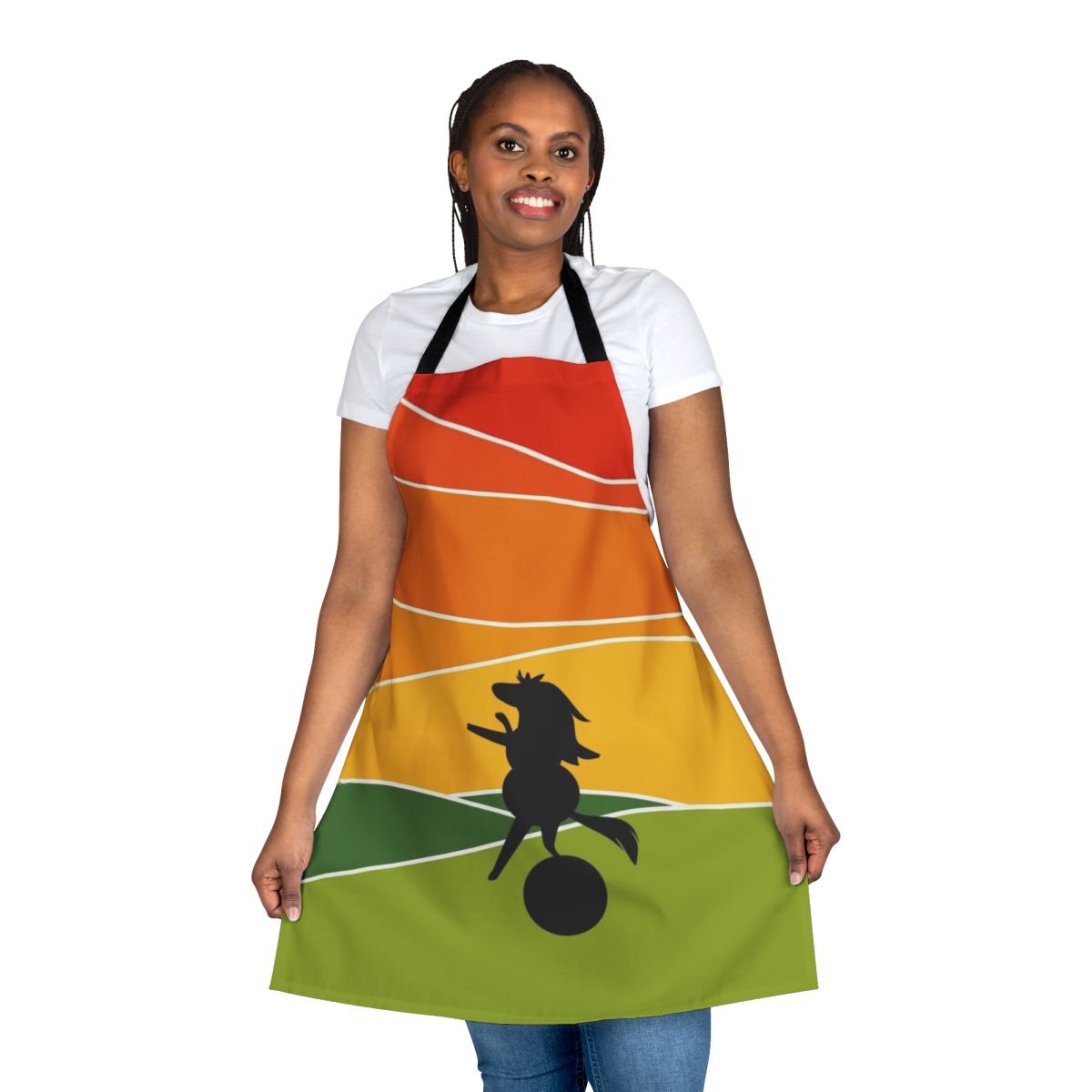 Sunset-themed adventure time inspired apron featuring a minimal design of the character James Baxter the horse