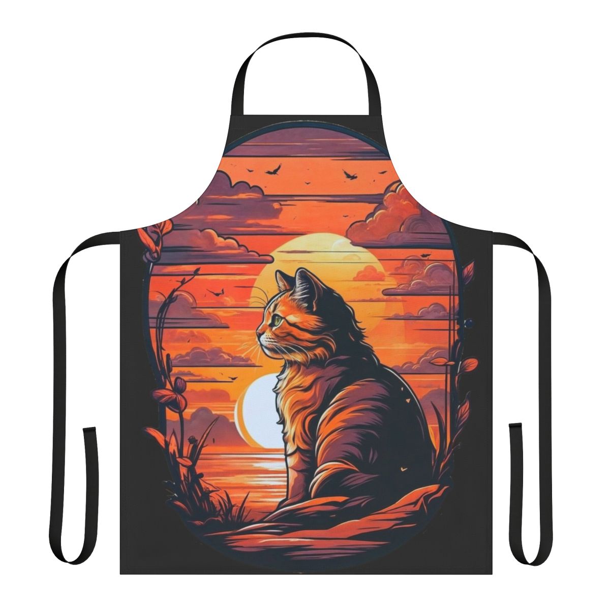 Sunset cat design printed on a durable, high-quality apron for cat enthusiasts