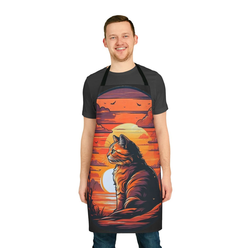Sunset cat design printed on a durable, high-quality apron for cat enthusiasts