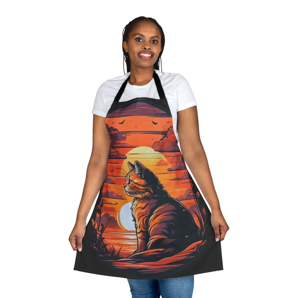 Sunset cat design printed on a durable, high-quality apron for cat enthusiasts