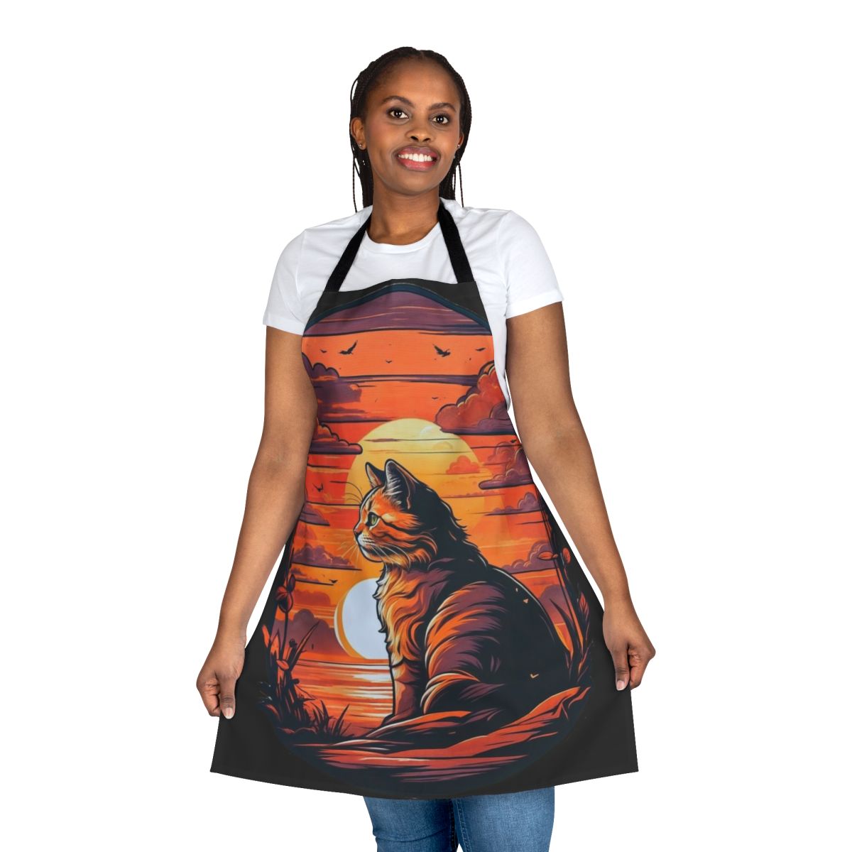 Sunset cat design printed on a durable, high-quality apron for cat enthusiasts