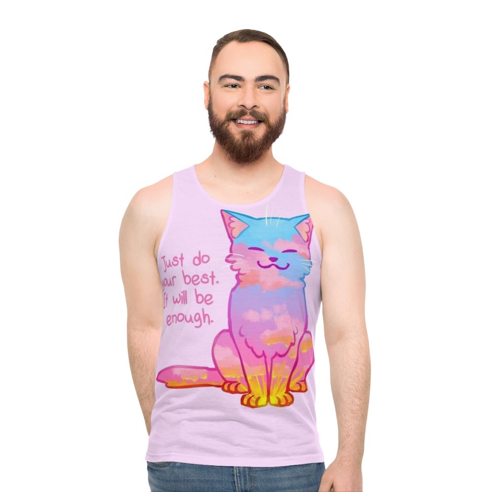 Sunset cat graphic on a unisex tank top with an inspirational affirmation