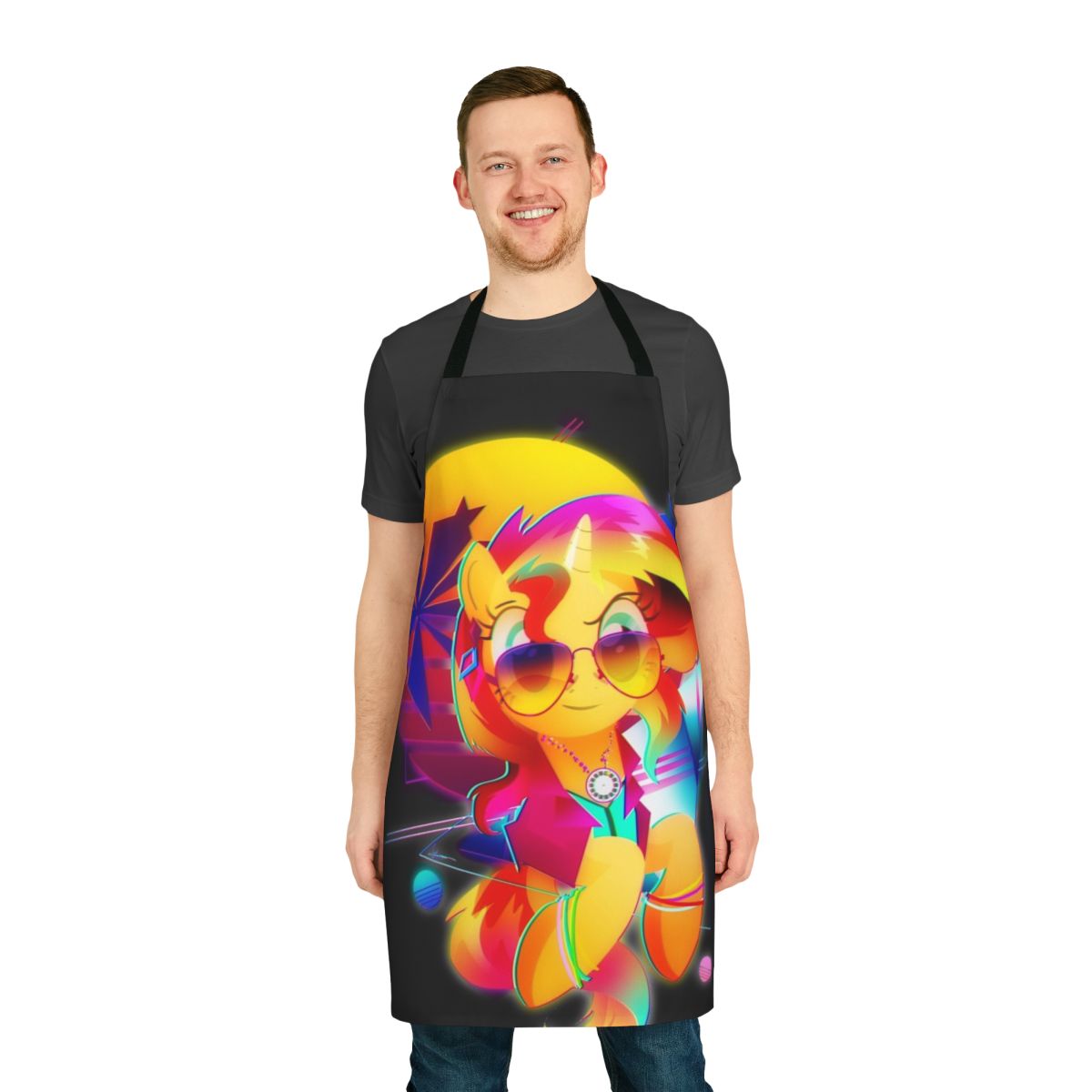 Sunset Shimmer inspired synthwave retro apron featuring neon colors and 80s aesthetics