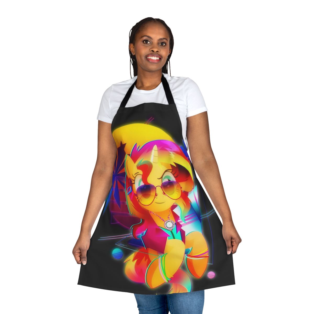 Sunset Shimmer inspired synthwave retro apron featuring neon colors and 80s aesthetics