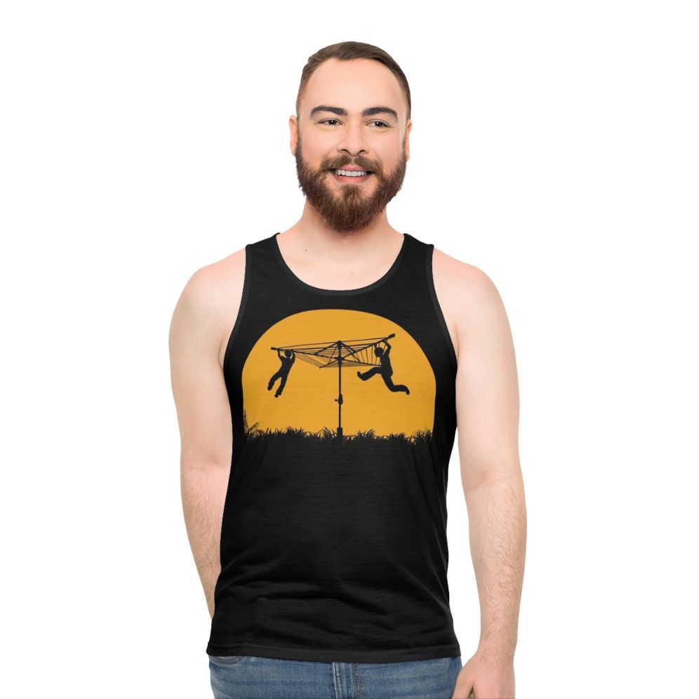 Unisex tank top with sunset silhouette graphic design