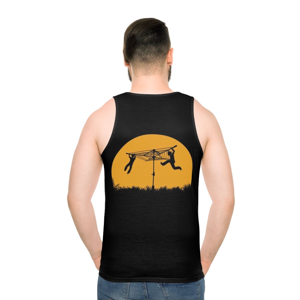 Unisex tank top with sunset silhouette graphic design