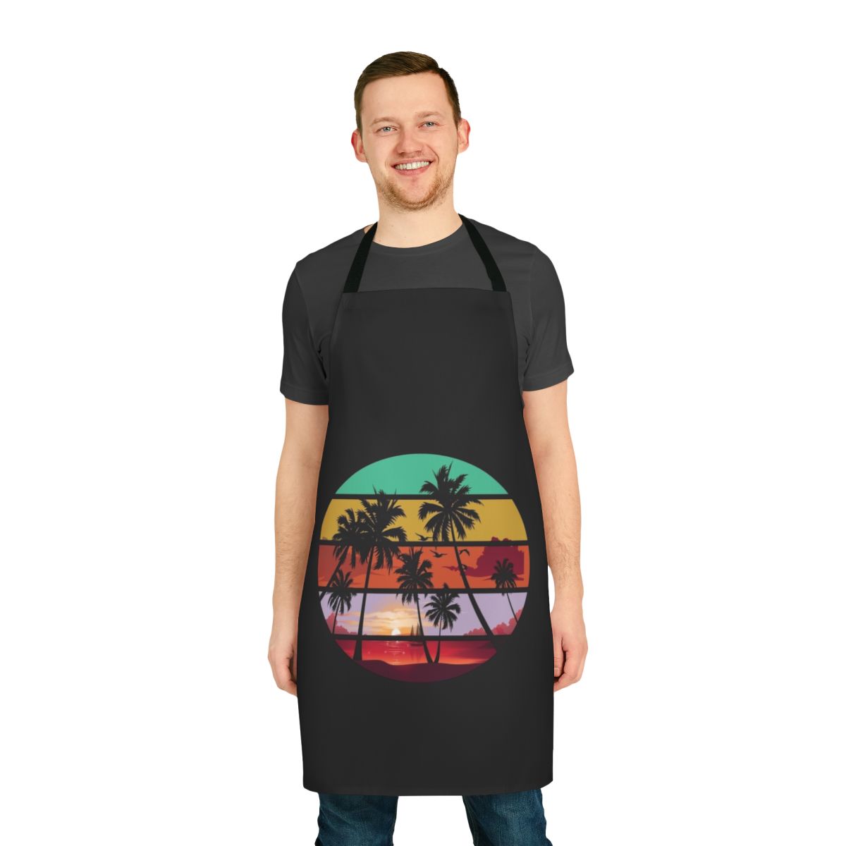 Sunset view with palm tree silhouette on an apron
