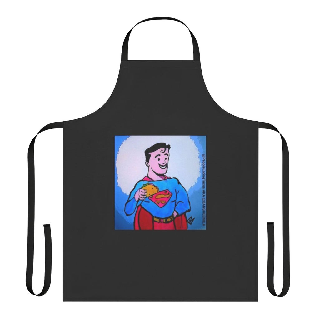 Super hero taco apron featuring a cartoon character eating tacos