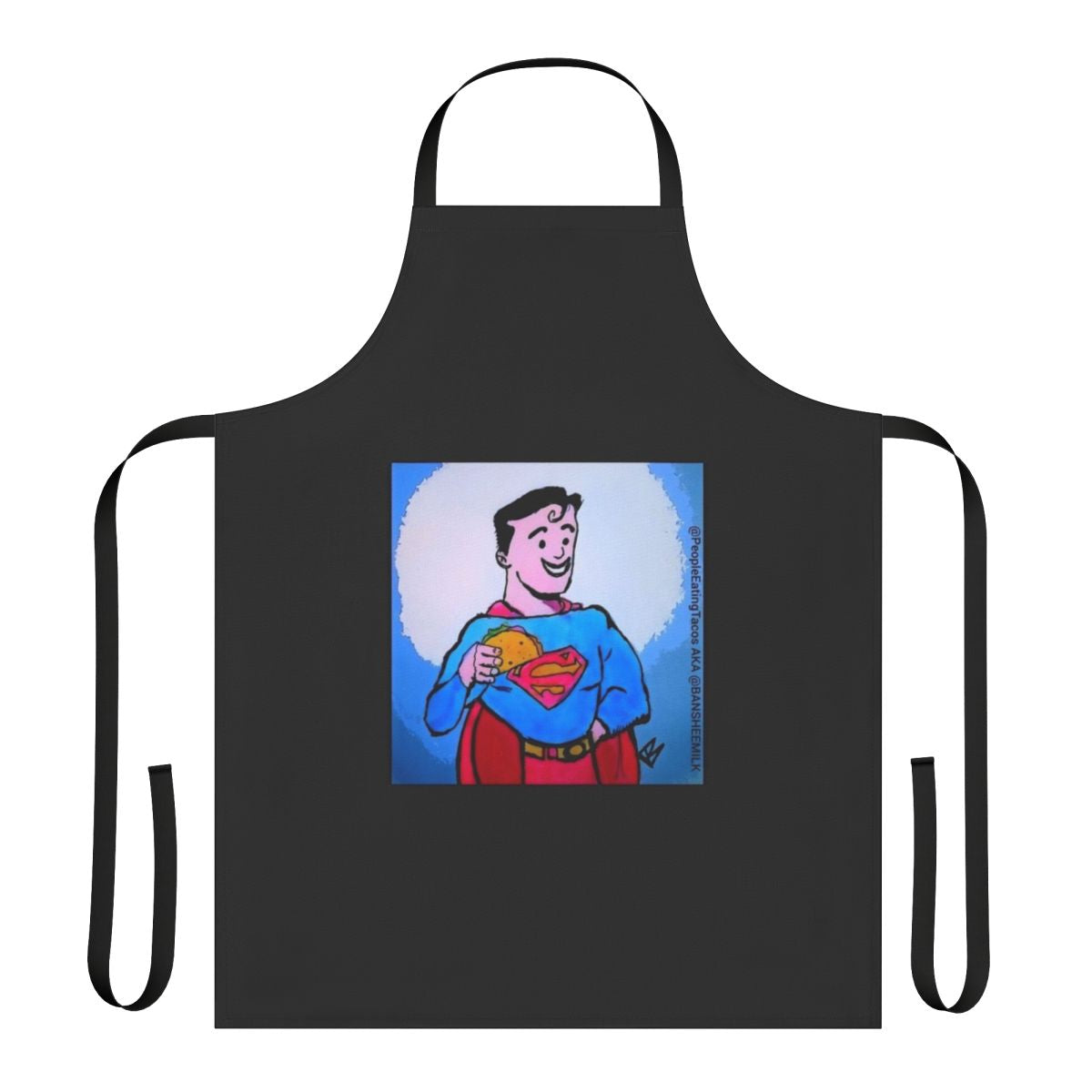 Super hero taco apron featuring a cartoon character eating tacos
