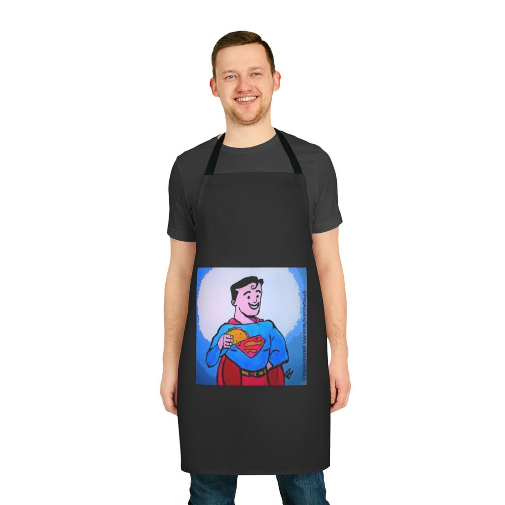 Super hero taco apron featuring a cartoon character eating tacos