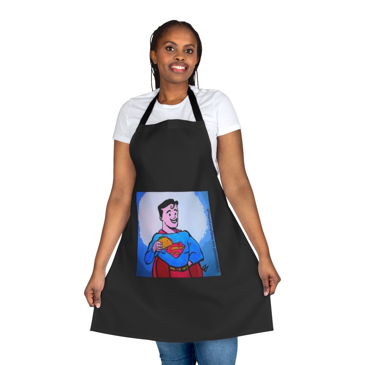 Super hero taco apron featuring a cartoon character eating tacos