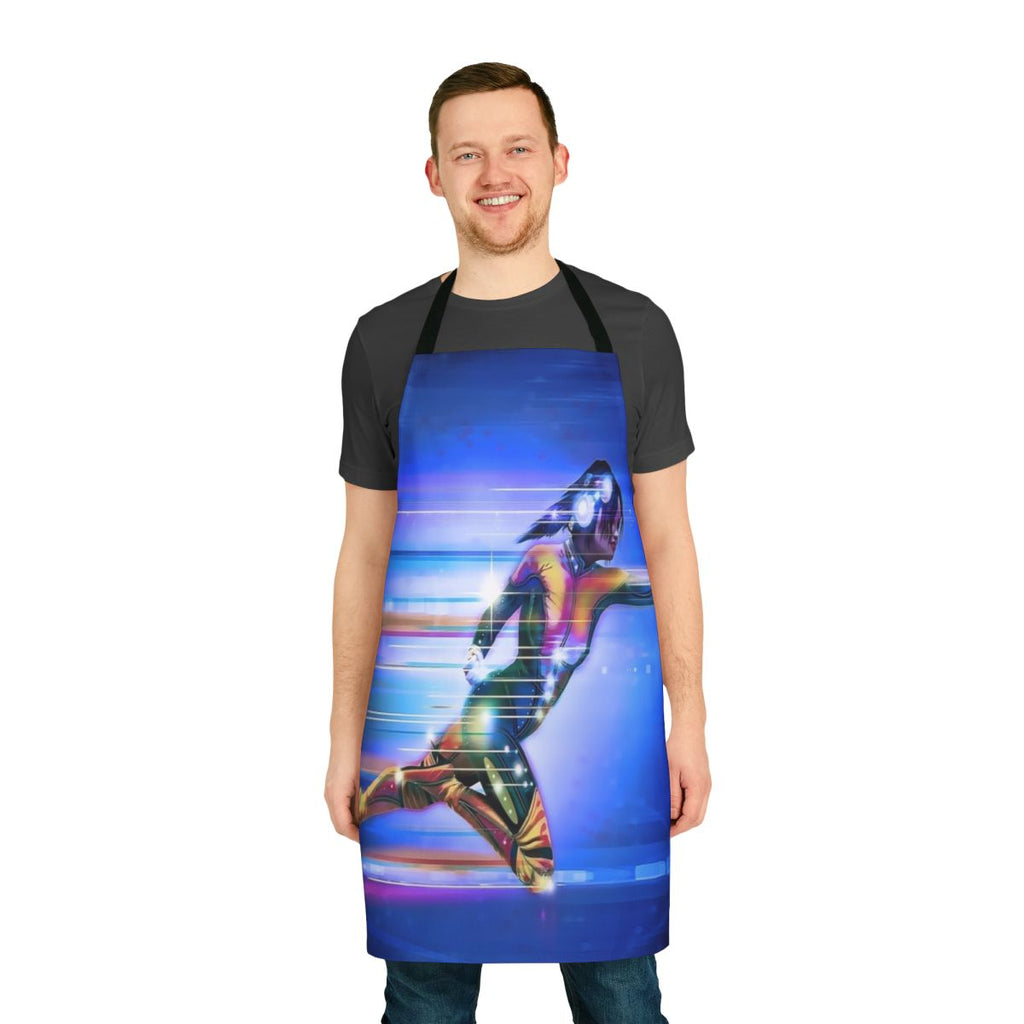 Superhero-themed apron with vibrant colors and designs