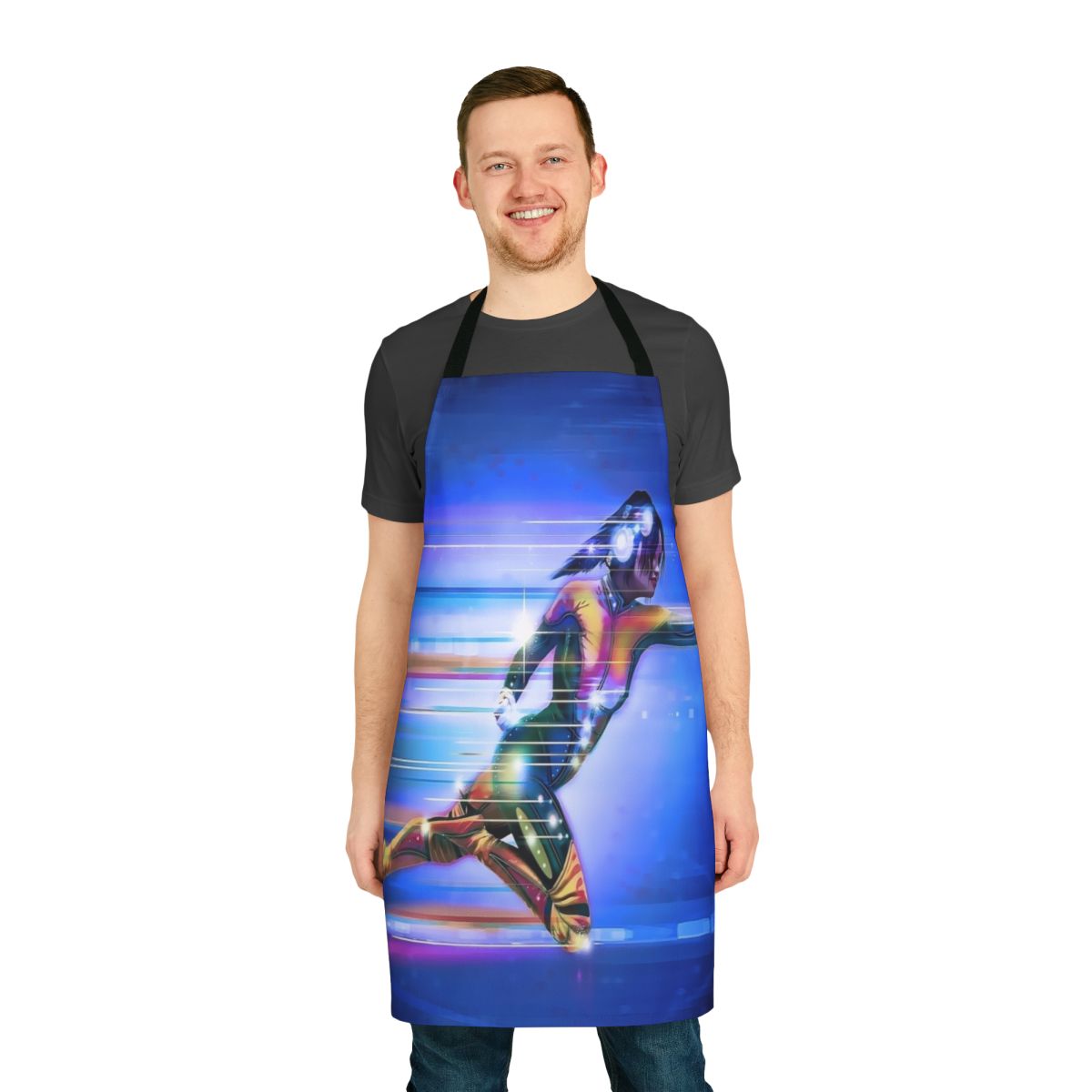 Superhero-themed apron with vibrant colors and designs