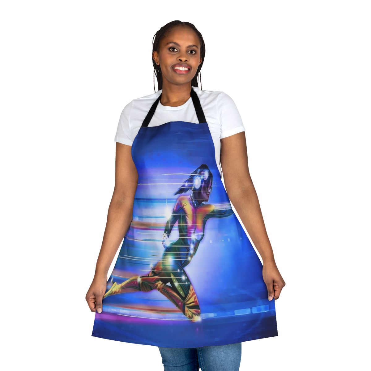 Superhero-themed apron with vibrant colors and designs