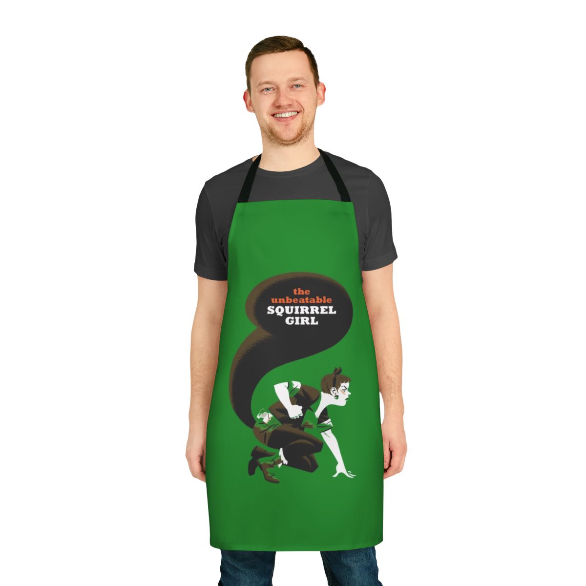 Illustration of Squirrel Girl, a female Marvel superhero, on a high-quality apron.