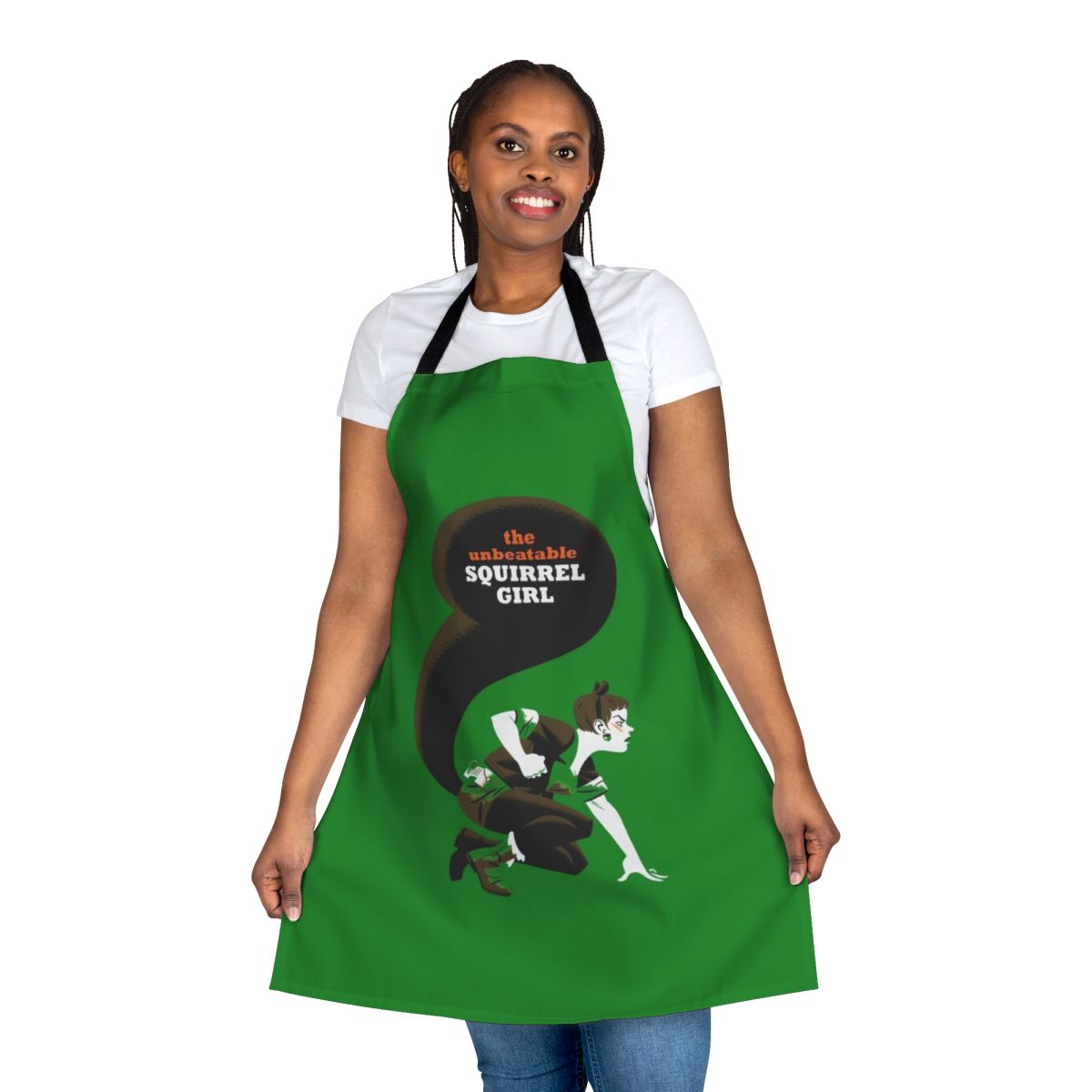Illustration of Squirrel Girl, a female Marvel superhero, on a high-quality apron.