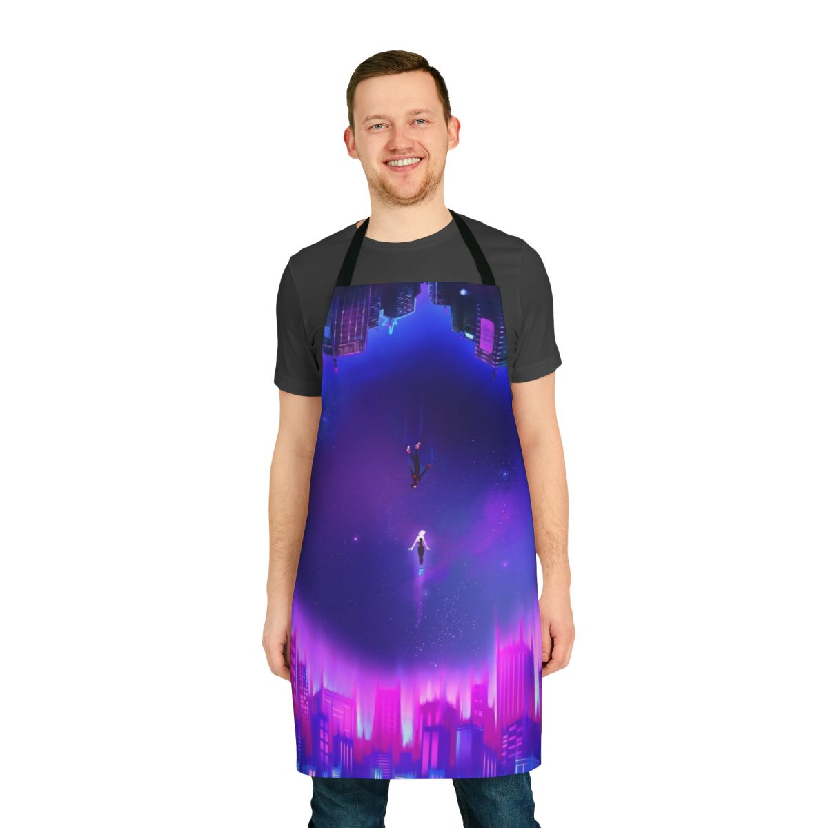 Colorful apron depicting characters Gwen Stacy and Miles Morales from the Spider-Verse