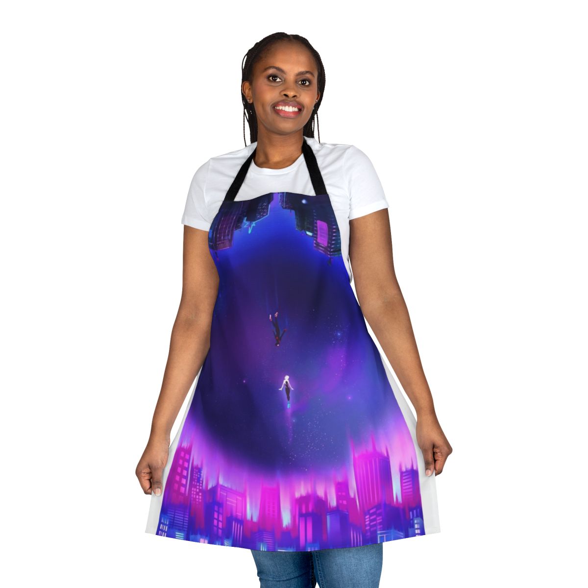 Colorful apron depicting characters Gwen Stacy and Miles Morales from the Spider-Verse