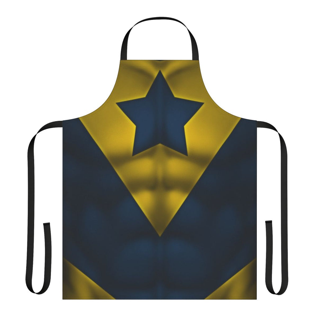 Superhero art apron featuring a stylized Booster Gold costume design