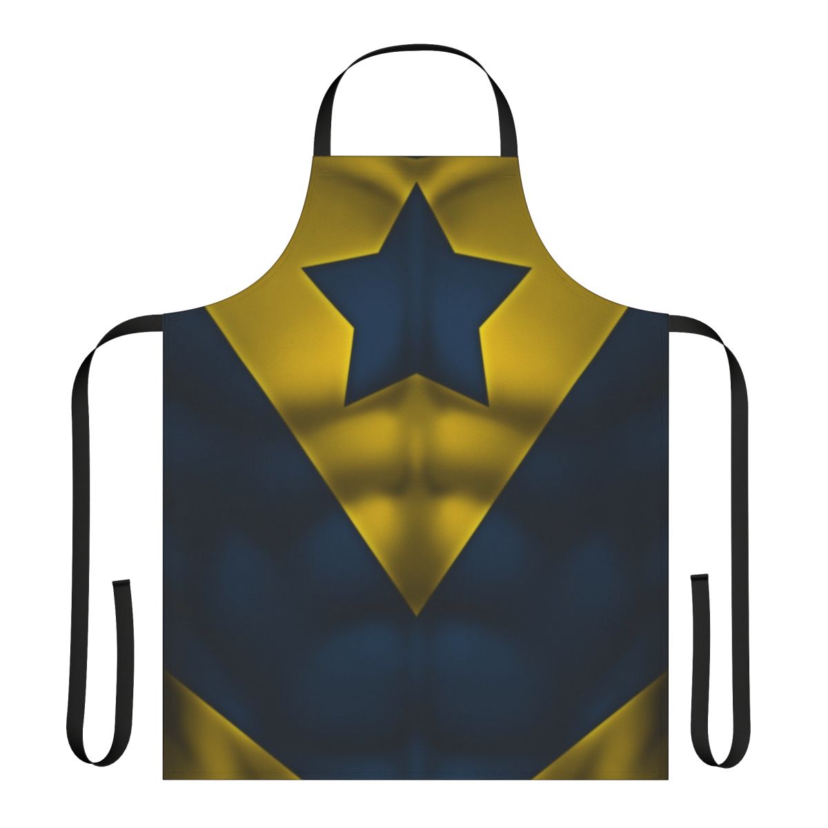 Superhero art apron featuring a stylized Booster Gold costume design
